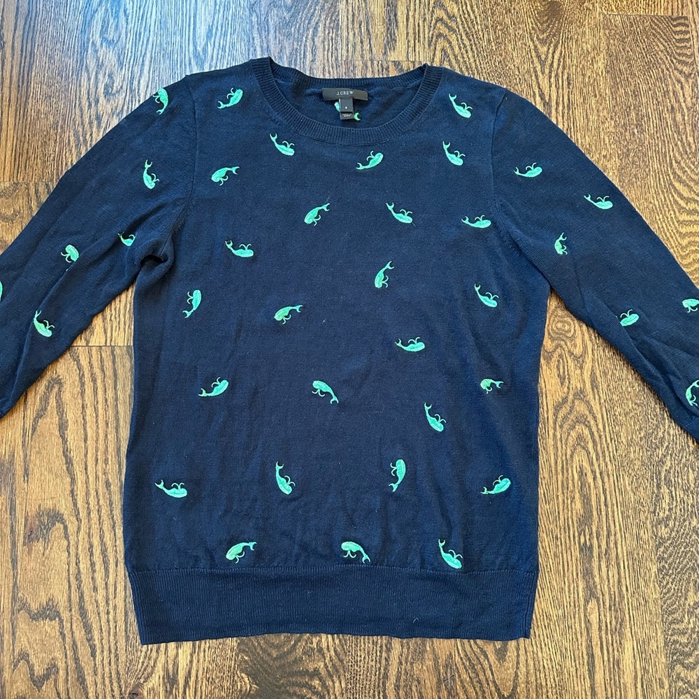 Navy J. Crew Green Whale Crewneck Linen Sweater. Size small.